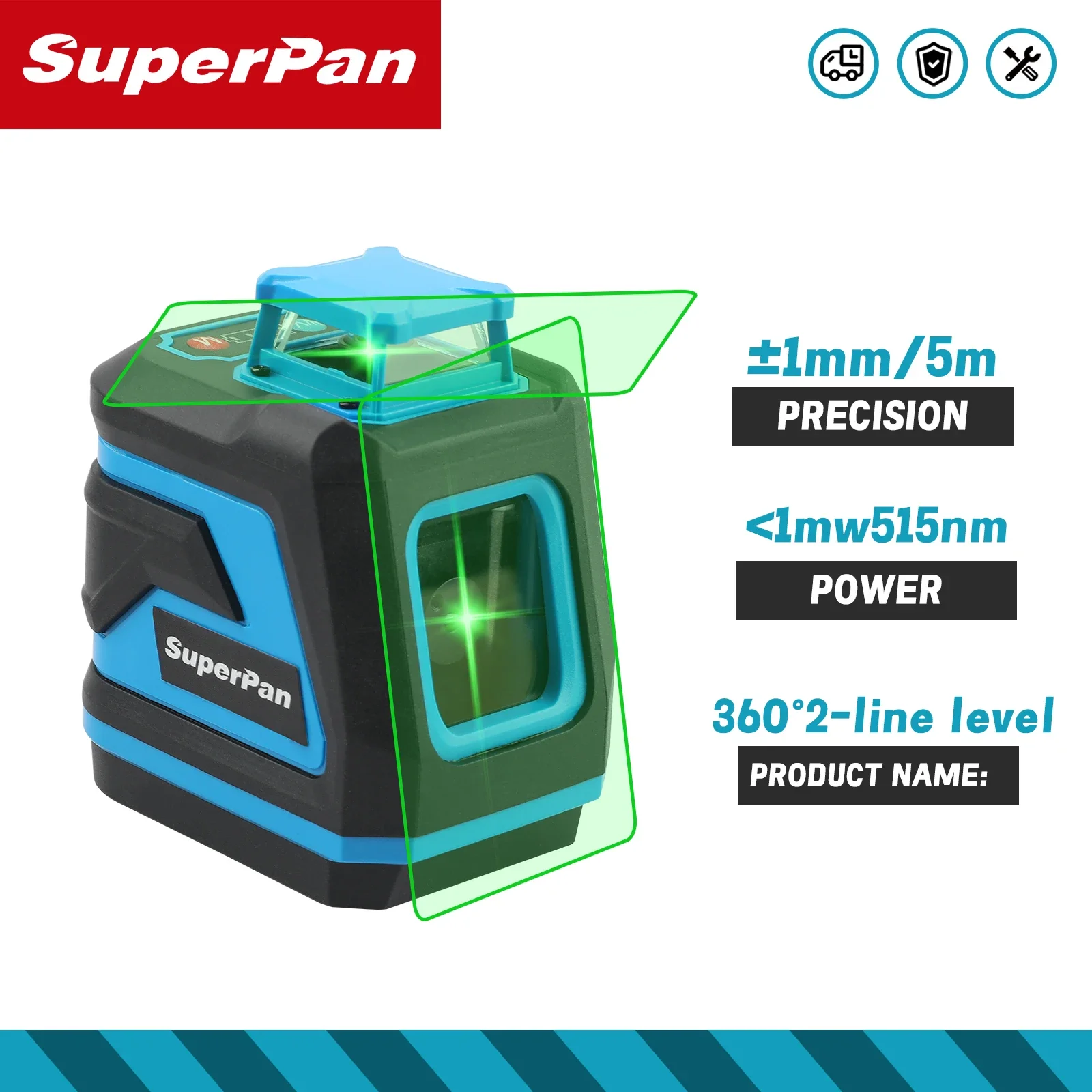 Superpan 2 خط 360 درجة التسوية التلقائية مستوى الليزر الأخضر، معدات أدوات البناء ليزر متقاطع احترافي