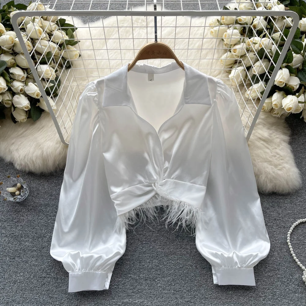 Elegant Satin Fluffy Tassels Long Sleeve Blouse Chic Vintage Korean Fashion Crop Top Women Spring Summer Shirts Gothic Clothing