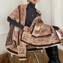 Luxury Design Reversible Print Horse Scarf Wrap Female Cashmere Blend Pashmina Shawls Tassel Bufanda Thick Blanket Big Size Chal