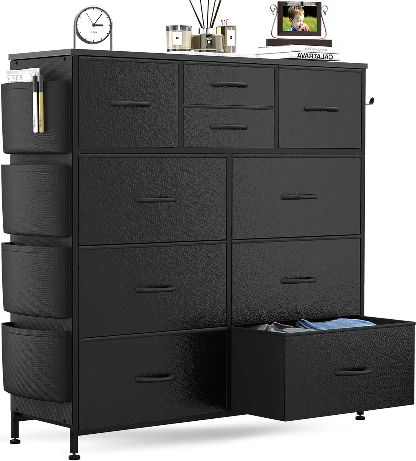 for Bedroom with 10 Drawers, Chest of Drawers with Side Pockets and Hooks, PU Storage Dresser, Organizer Unit for