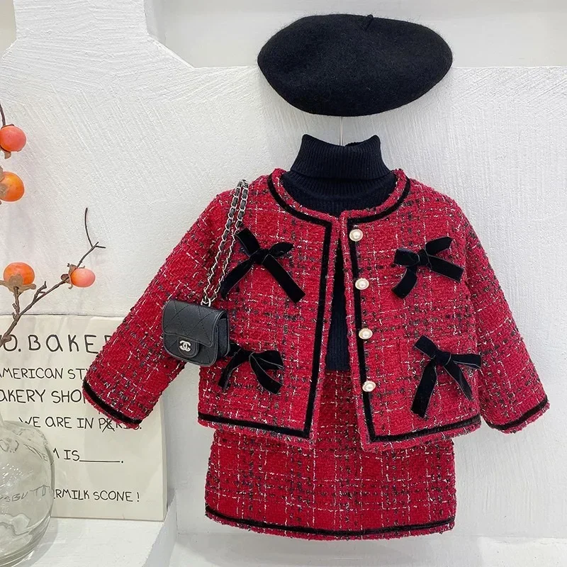 

Girl's Red Padded Fashion Suit Autumn Winter Party Coat for Baby Girl Toddler with Cotton Two-piece Sets Kids Clothes Girls