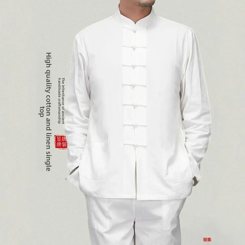 قميص رجالي فضفاض بأكمام طويلة على الطراز الصيني بأزرار حتى ملابس هانفو التقليدية غير الرسمية ملابس ربيعية عصرية للرجال المسنين #2