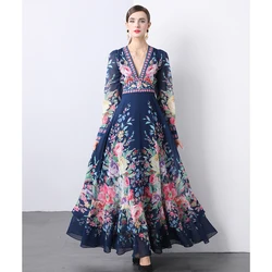 Autumn Flower Print Holiday Long Dress Elegant Women Sexy Deep V Neck High Waist Chiffon Lantern Sleeve Ball Gown Robe Clothes