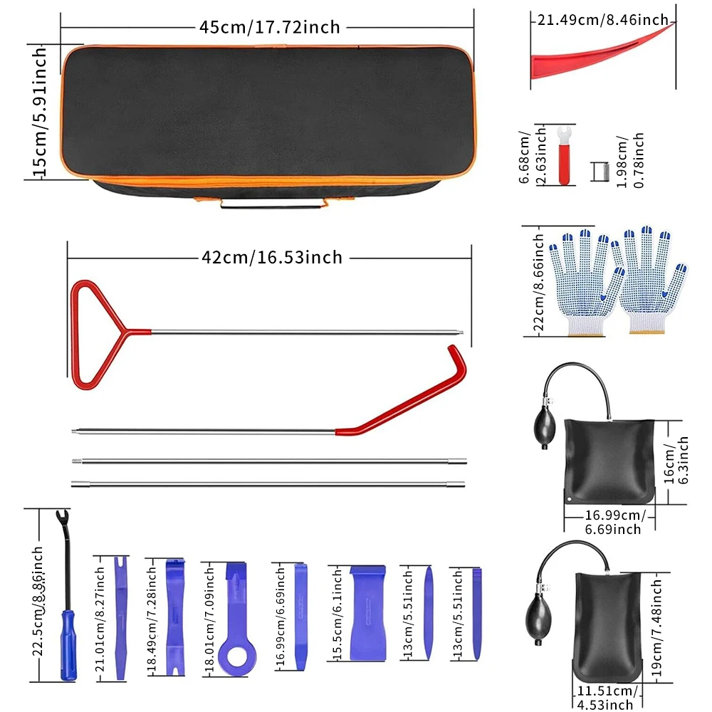 Combo 78 24Pcs Car Lock Out Emergency Unlock Tool Kit Stainless Steel Long Reach Rods Dual Air Wedge Bags Auto Trim Removal Pry Tools Gloves Professional Automotive Door & Audio Repair Tool Set with Storage Bag