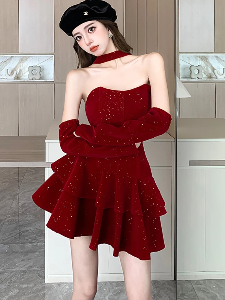 Fashion Sequins Luxury New Year Red Dress Women Autumn Winter Velvet Chic Tierred Sexy Mini Dress 2024 Korean Vintage Prom Dress