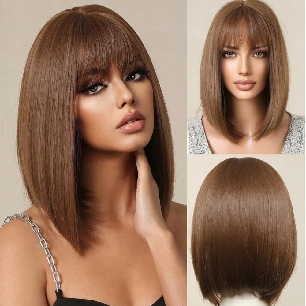 1 Set 12 Zoll Braune Kurze Gerade Bob-Perücke mit Pony, Natürlicher Look für Sommer und Alltag, Synthetisches Haar für Frauen