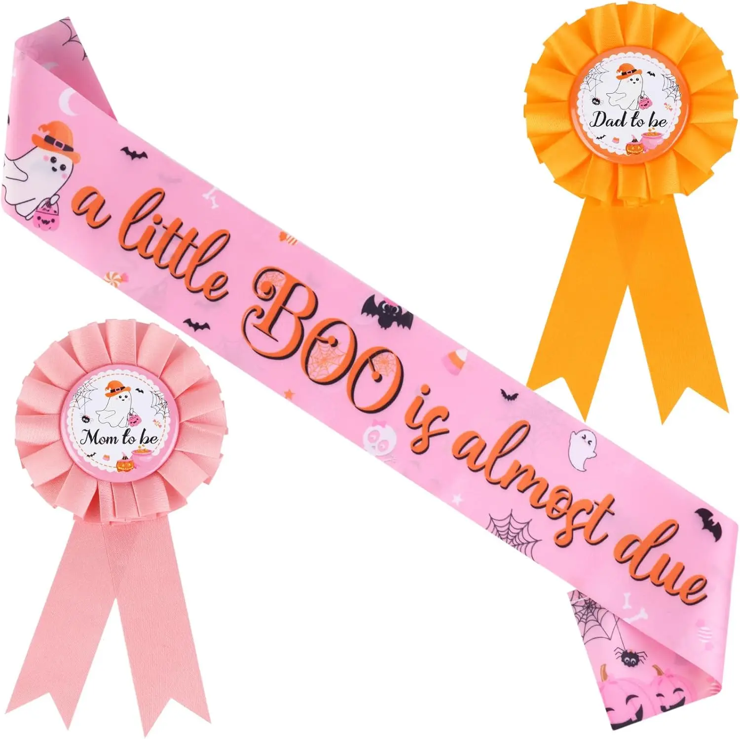 Sursurprise Halloween Maternity Pink Baby Shower Sash and Mom To Be & Dad To Be Corsage Pins Parents Pregnancy Party Supplies