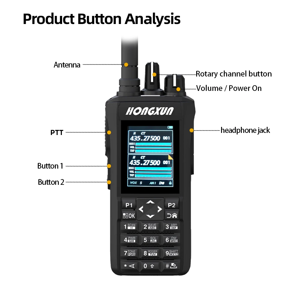 HX-R7 Walkie Talkie 10W UHF/VHF 4-bands 2" kleurenscherm Type-C/Dock Oplaadkanaalscan One-Touch Frequency Sync Kanaalscan