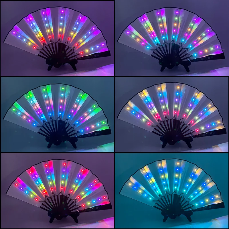 Bluetooth APP Foldable Hand Fan With LED Light USB Charging Glowing Fluorescent Color Changing Fan For Night Performance DJ Club