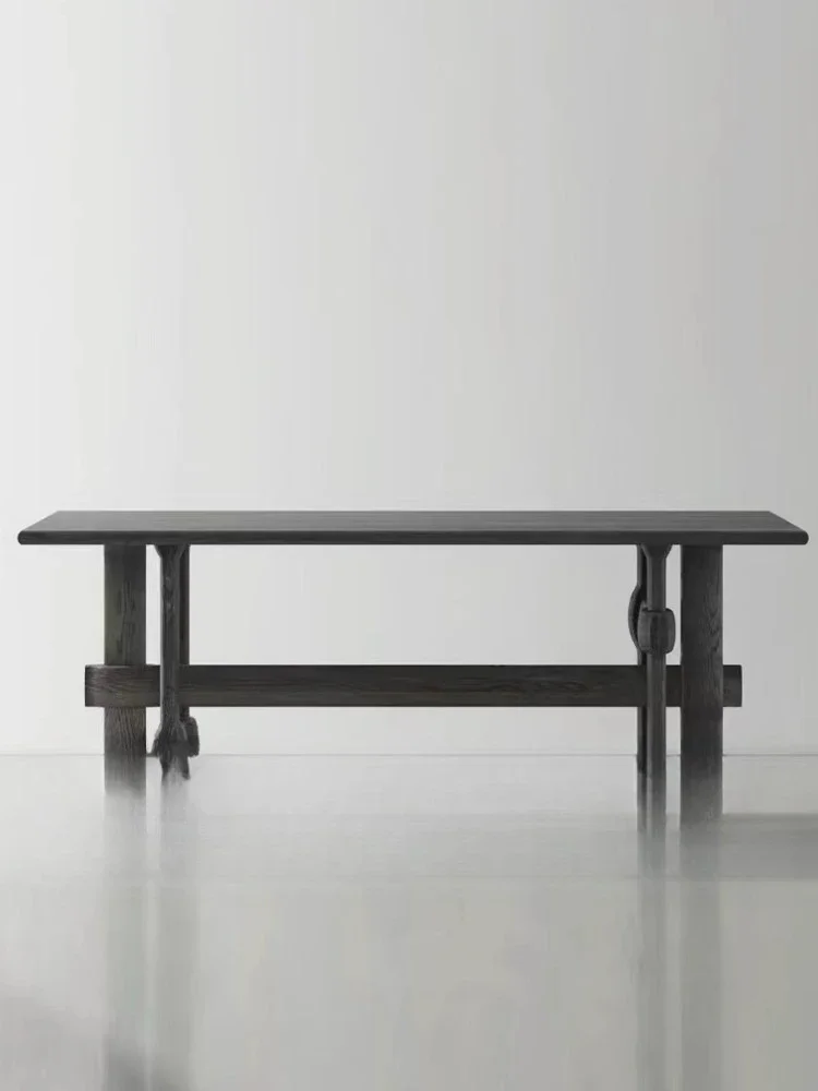 Medieval style, creative rectangle, solid wood black dining table, retro wabi-sabi style, household