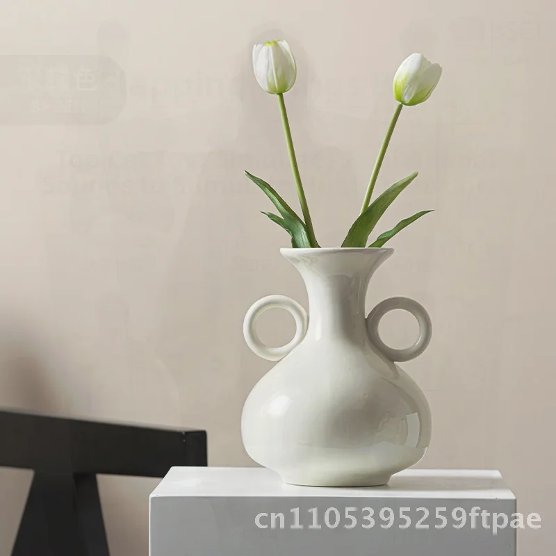 Lemeng Cream Style Binaural Vase Retro Ceramic Flower Pot High-Grade Simple Ornament for Dried Flowers Modern Minimalist Design