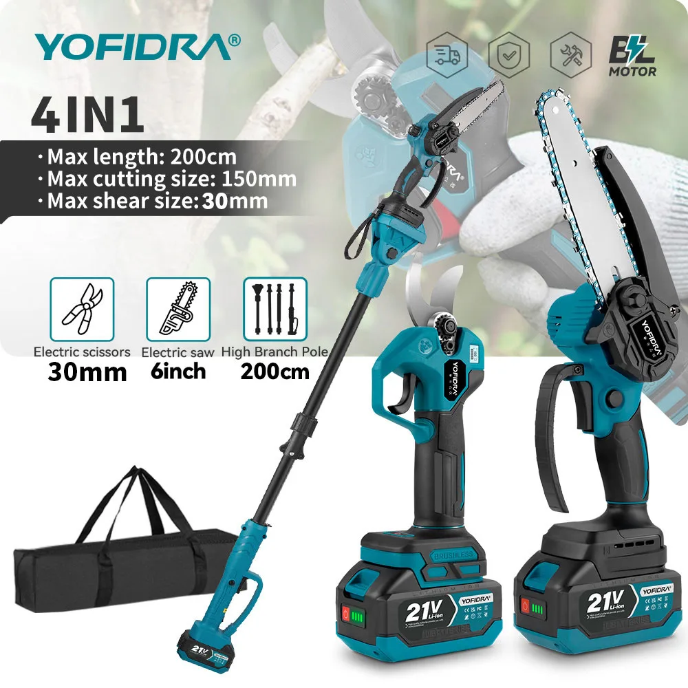 YOFIDRA 4-in-1 bürstenlose Teleskopstange, elektrische Kettensäge, Schere, Gartenschere, Astschere für 21V/18V Akku.