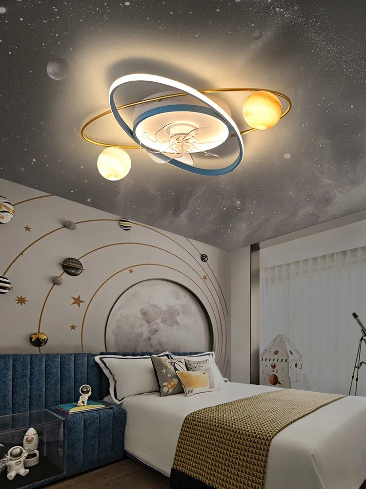 Children's room lamp boy's bedroom ceiling lamp creative Nordic luxury wandering earth space star lamp fan lamp