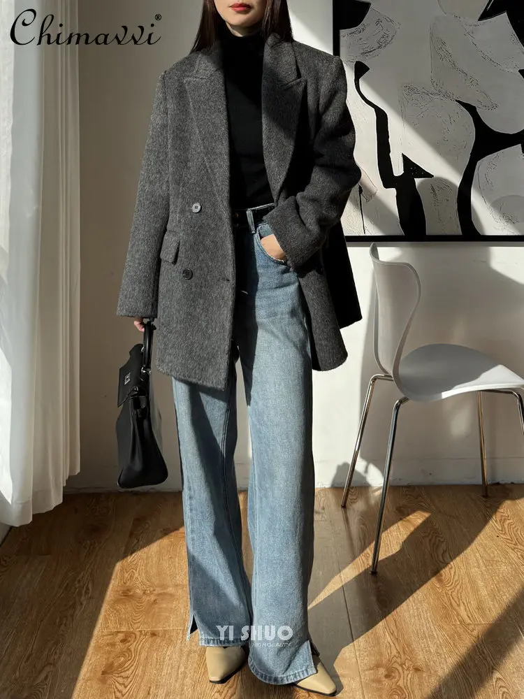 Winter New High-End Right Shoulder Blazer Fashion Coffee Color Thick Warm Double-Sided Wool Coat Short OL Gray Woolen Coat Women