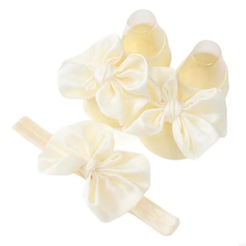 97BE Fashion Bowtie Floor Socks for Babies 0-1Y Elastic Floor Socks Bowknot Headband