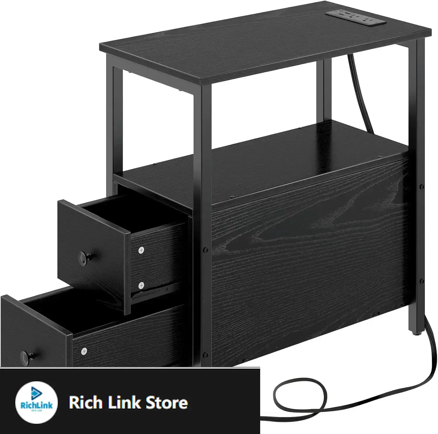 

End Table with Charging Station, Narrow Side Table with 2 Wooden Drawers, USB Ports and Power Outlets, Nightstand Sofa Table