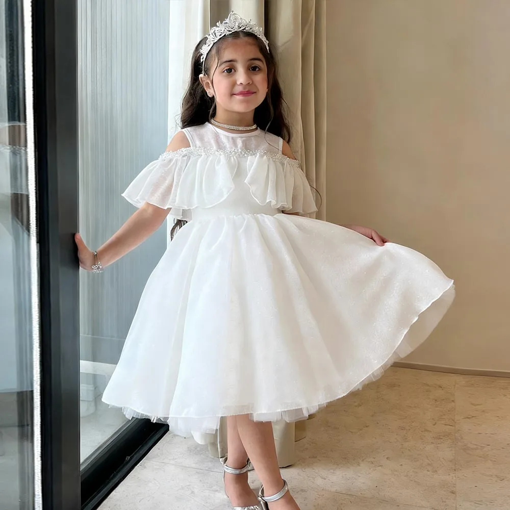 

Chic Flower Girl Dresses O-neck Dress For Girls Beads Birthday Dress A-line Puffy Girl Princess Dress Ivory Hi-Lo Kids' Dresses