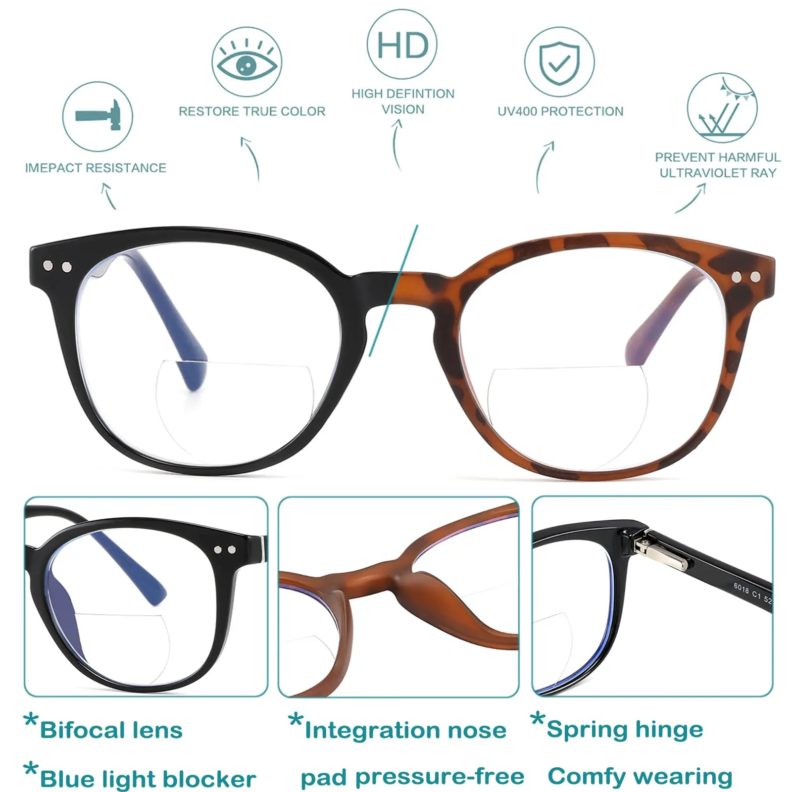 AABV Round Blue Light Bifocal Reading Glasses Women Computer Diopter Presbyopic Magnifying Readers 6018