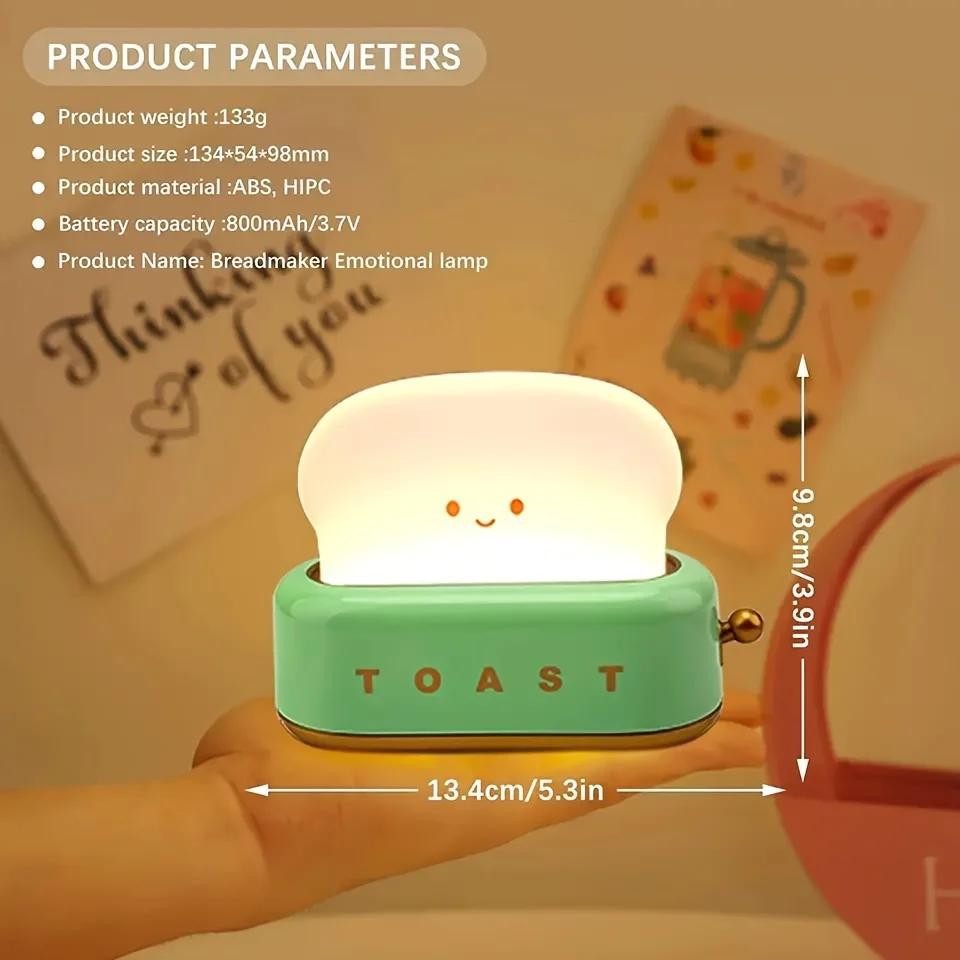 Cute Toaster Night Lights USB Rechargeable Auto LED Night Lamp Adjustable Brightness Bedside Home table Lamp