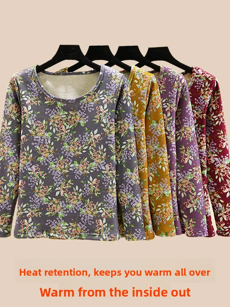 Thickened Fleece Warm Top round Neck Floral Print Underwear Large Size Winter Base Shirt for Middle-Aged And Elderly People