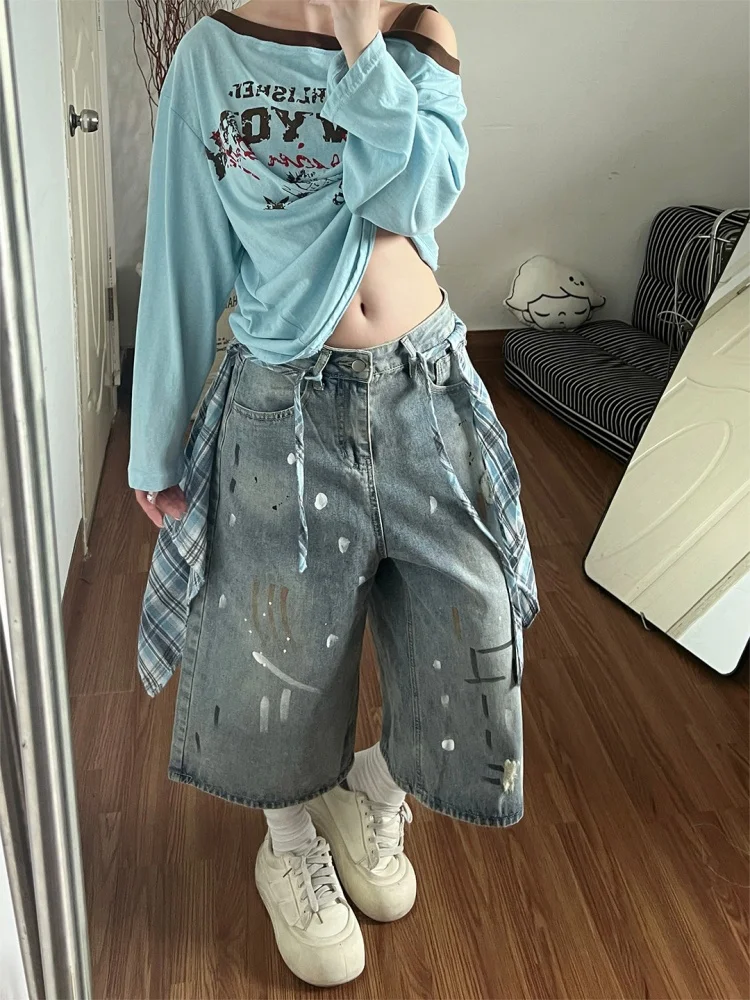 

American Style Checkered Skirt Design Denim Shorts Women Summer plus Size Slimming Street Ink Seven-Foot-Pants High Waist Wid...