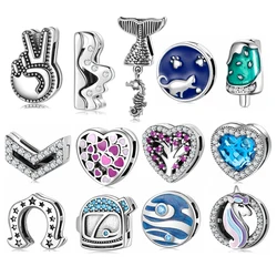 Genuine 925 Sterling Silver Heart Shape CZ Round Charms Clip Beads Fit Women Reflection Charm Bracelet Bead Jewelry Making