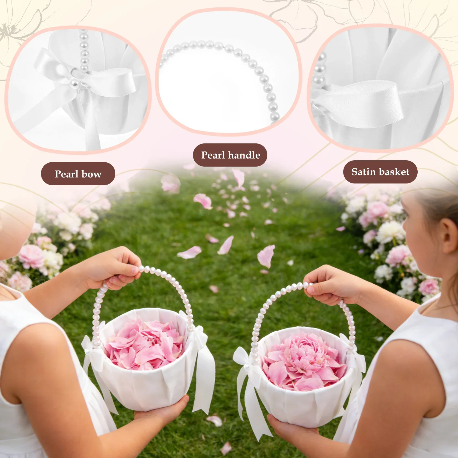 2Pcs Wedding Flower Girl Basket Bowknot Satin Western Rustic with Faux Pearl Handle For Bride/Kids Wedding Ceremony Decorations image 4