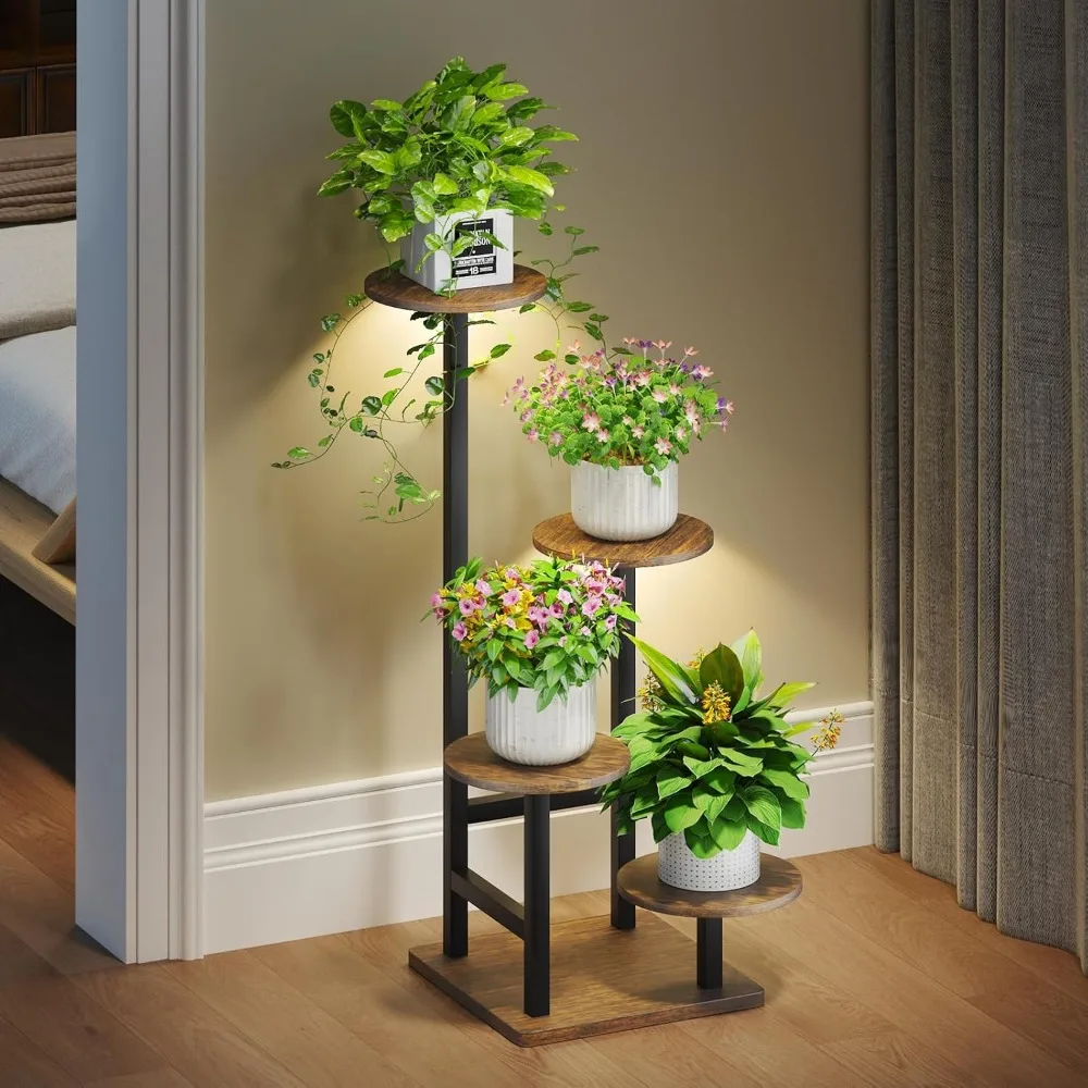 

4-Tier Metal Plant Stand with Adjustable Grow Lights, Ideal for Indoor Living Room Garden Patio in Black Brown