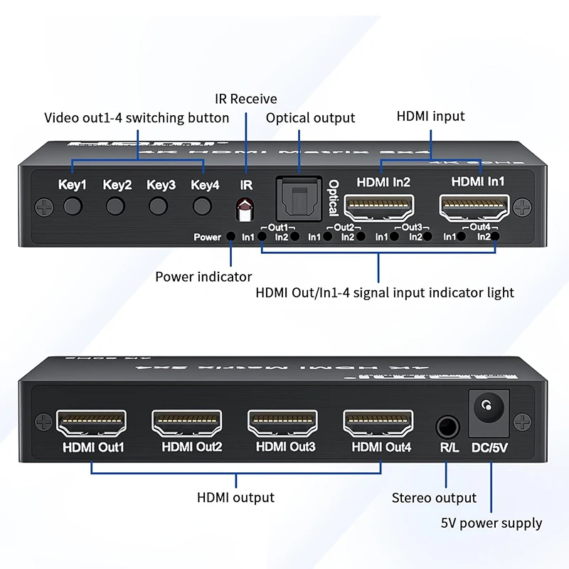 4K HDMI True Matrix Switch 2x4 4x2 Matrix HDMI Video Switch Splitter 2 In 4 out مع Optical & R/L Audio Extractor Dolby HDCP2.2