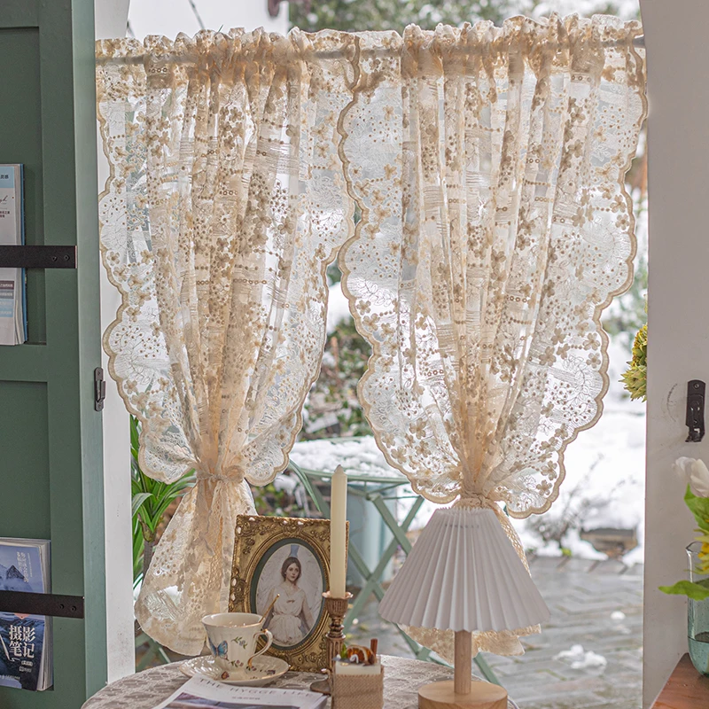 

Korean Pastoral Cream Lace Embroidery Gauze Curtain Bay Window Ins Punch-free Small Window Partition Door Curtain