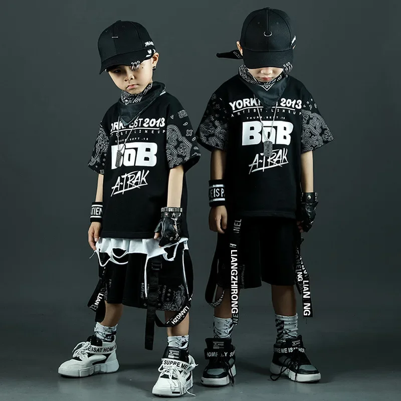 Hip-hop Performance Clothes, Boys Summer T-shirt Suits, Korean Children's Loose Skateboard Sportswear, 4-16 Years Old