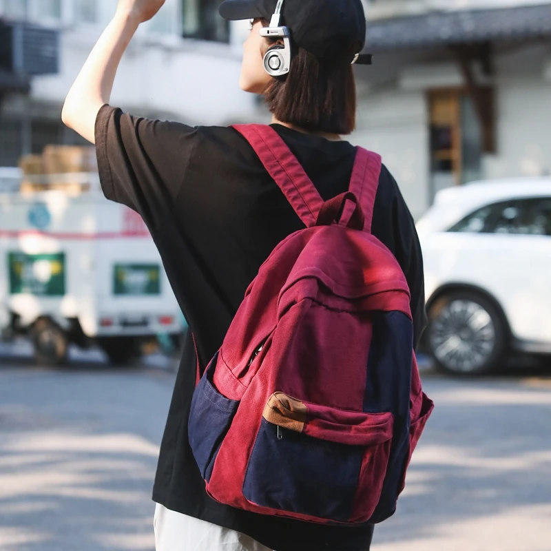 Vintage Patchwork Washed Canvas Backpack Color Block Large Rucksack Lightweight For School Travel Daily Casual Student Daypack