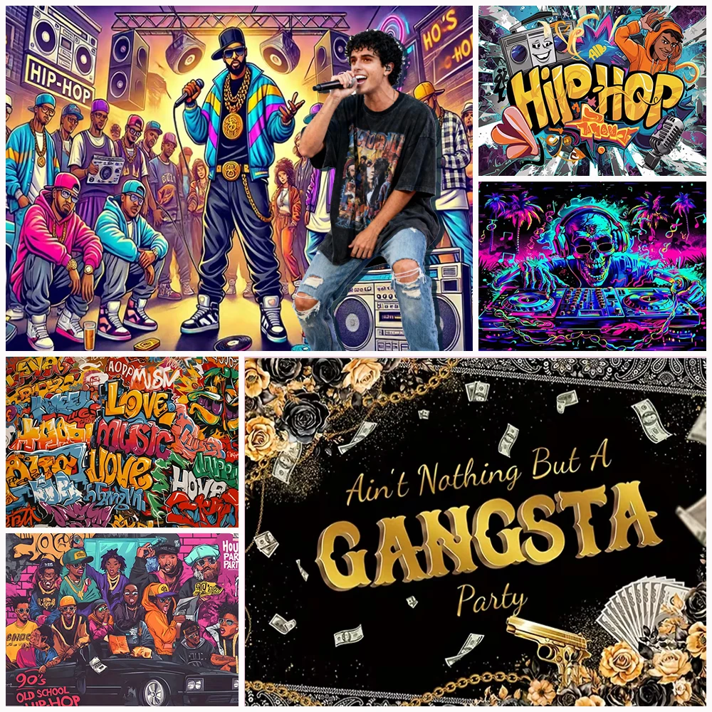 

90s Hip-Hop Rap Graffiti Street Art Birthday Party Background Decoration Back To The 90s Backdrop Radio DJ Neon Photography Prop