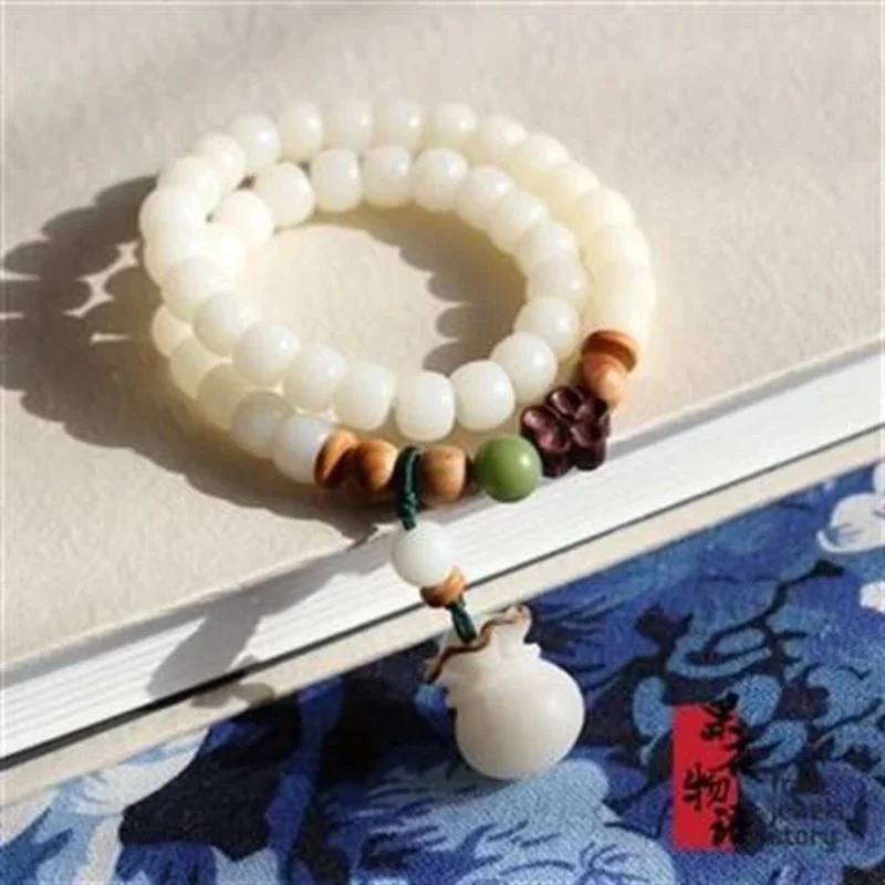 Natural branco jade Bodhi raiz pulseira, criança esculpida bênção saco pingente, ornamento de arte das mulheres