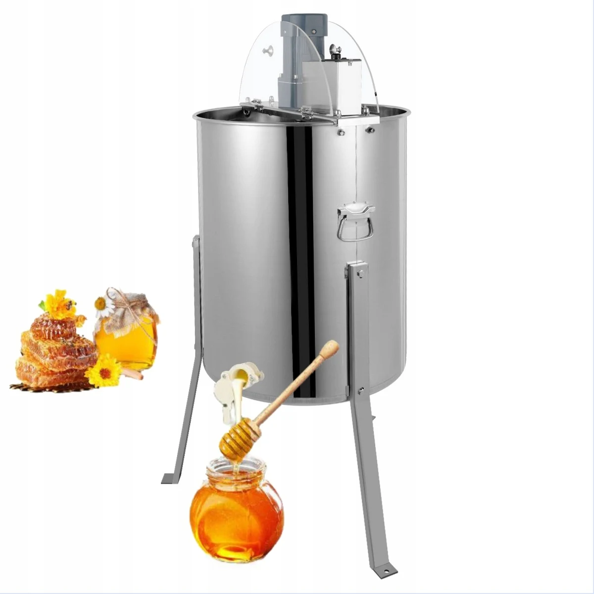 Electric Honey Extractor, 4 Frame Stainless Steel Beekeeping Extraction, Honeycomb Drum Spinner with Transparent Lid