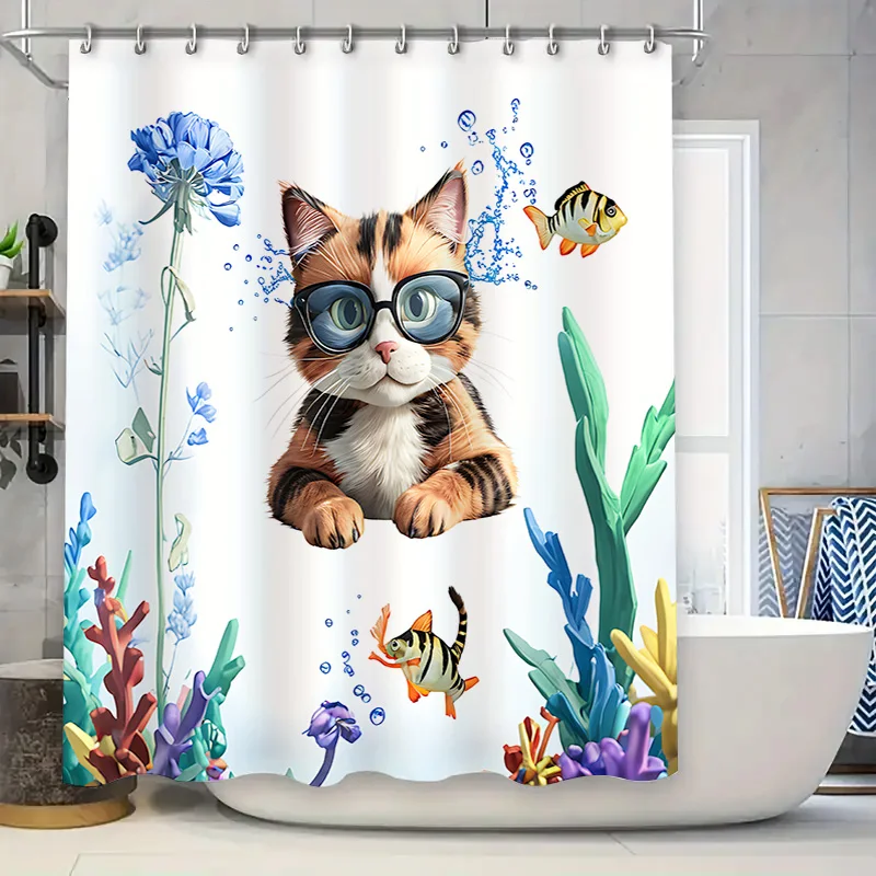 Underwater World Cute Cat Shower Curtain for Bathroom Decor - Creative and Fun Design Easy to Install and Maintain Easy-Clean
