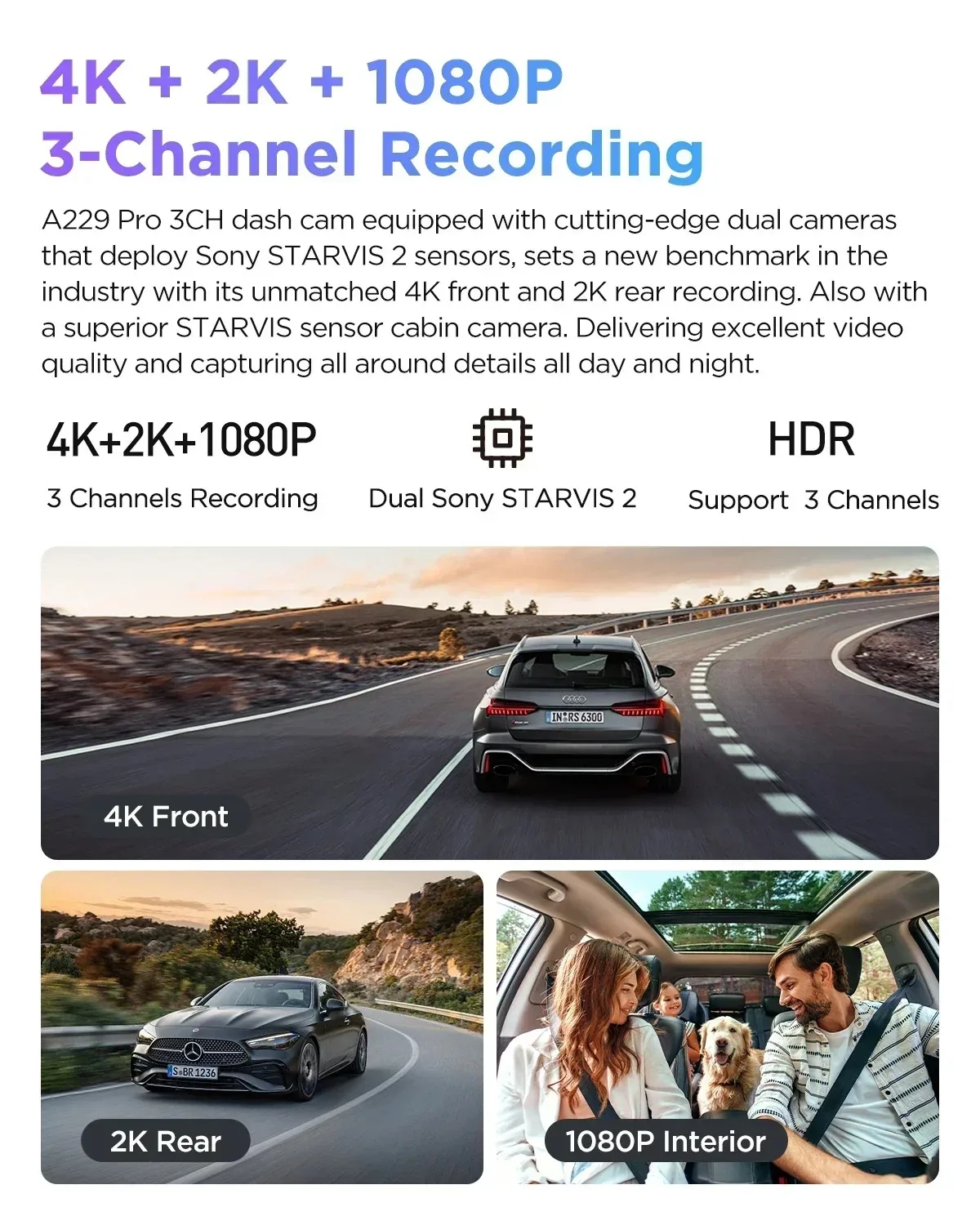 A229 Pro driving recorder with multi-lens, three-channel recording, 4K+2K+infr HDR