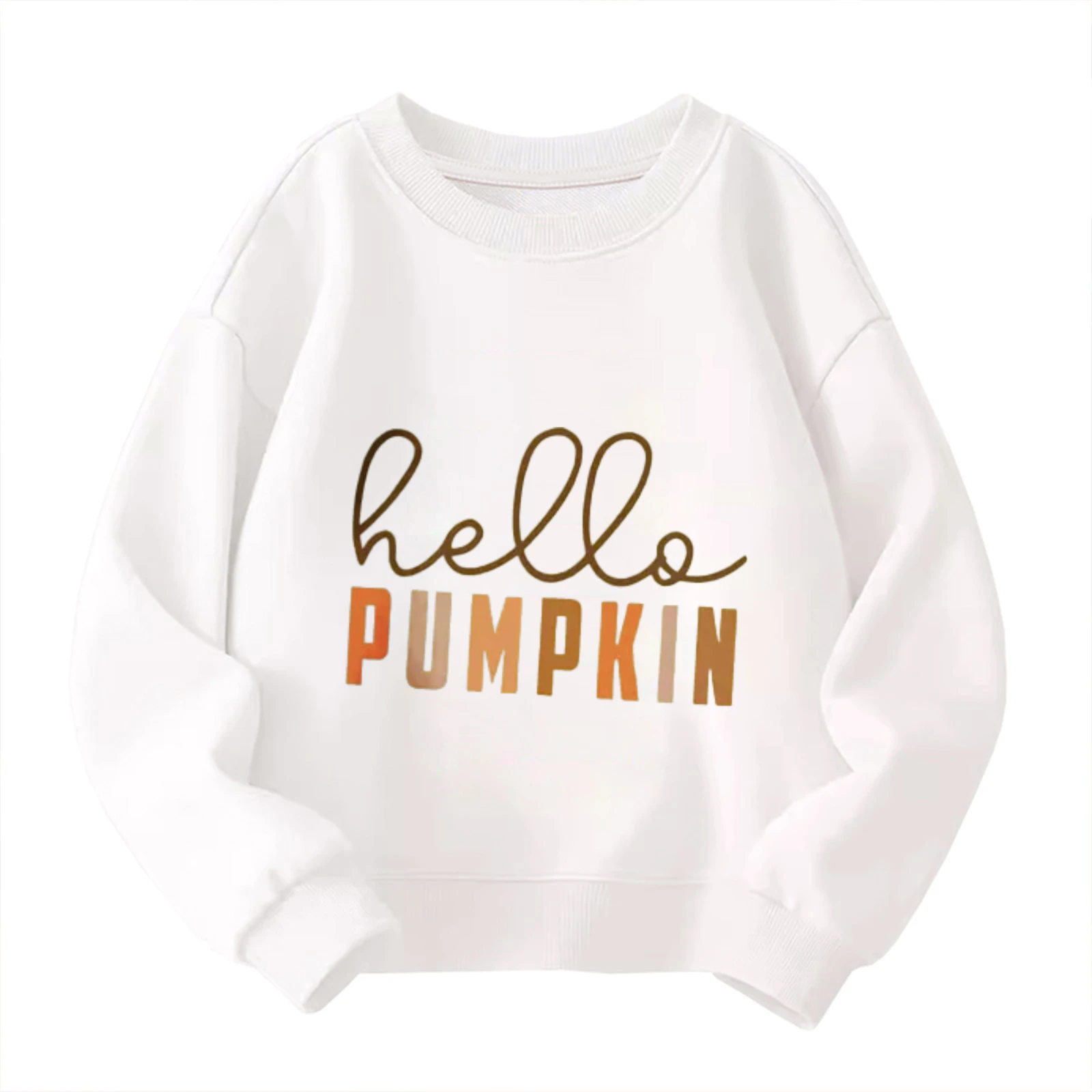 سويت شيرت للأطفال برقبة دائرية - بلوفر أبيض عصري "Hello Pumpkin" لموسم الخريف والخريف