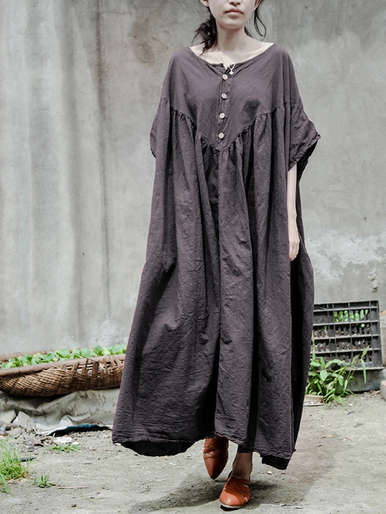 

Oversized Women Cotton Linen Long Dress New 2025 Summer Vintage Style O-neck Solid Color Loose Female Casual Dresses M1492