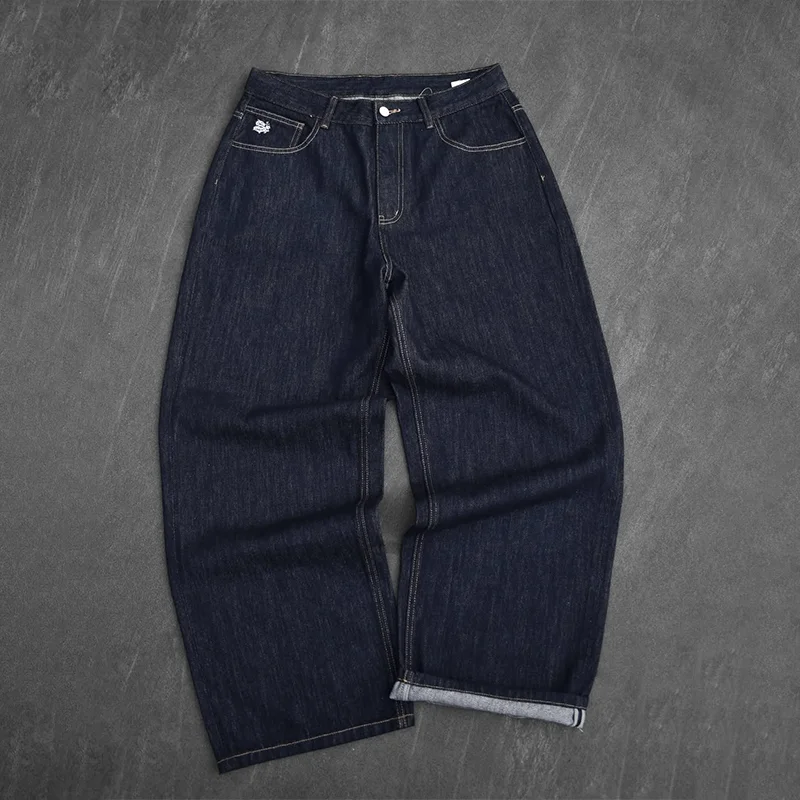 الأبيض الصينية نمط التطريز جيب عالية الخصر فضفاض الظلام مستقيم الساق الجينز Y2K الرجال النساء الرجعية ملابس الشارع الشهير غير رسمية