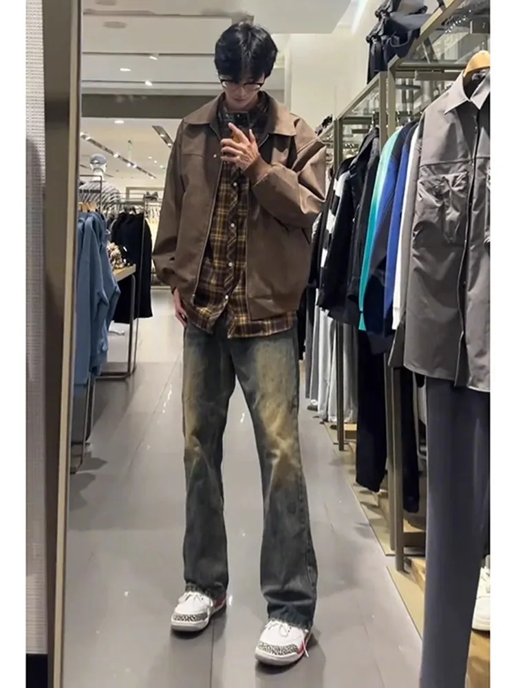 

Retro Blue Fce Lined Slim Fit Long Jeans Men's Autumn Winter Straight Leg Trousers High Street Sle Youth Faion