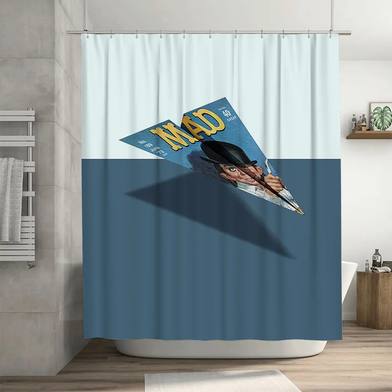 

Винтажная занавеска для душа MAD Magazine с изображением мультяшного человека, сине-белый акварельный дизайн для декора ванной комнаты