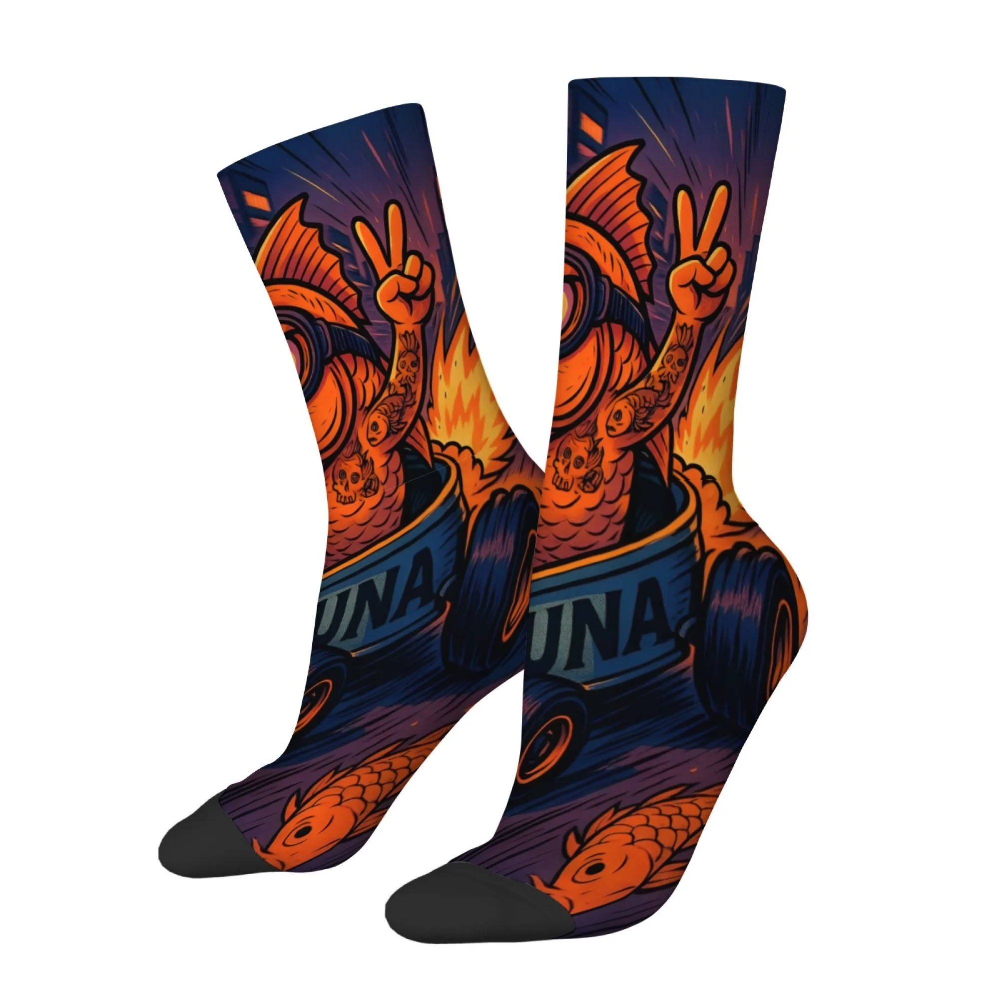 Cartoon-print Fish Socks for Men Comfortable Non-slip Soft Socks Trendy Retro Harajuku Sports Cycling Outdoor Casual Socks