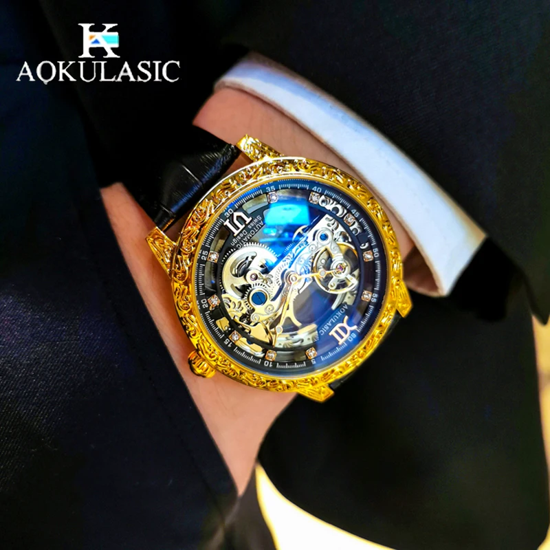 AOKULASIC الفاخرة جلد رجل آلات أوتوماتيكية ساعة ريترو الهاتفي تصميم الوجهين الجوف خارج توربيون مقاوم للماء ساعة رجالية