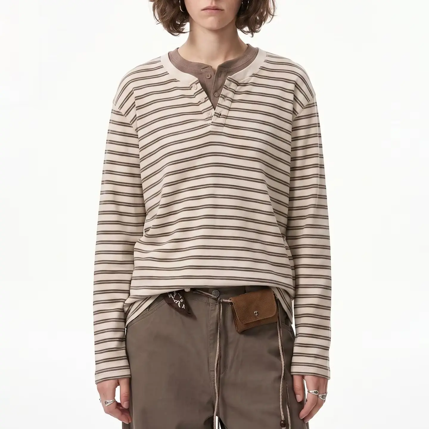 Striped Henley Collar Old Money Tee 2026 Autumn Premiere Japanese Vintage Contrast Shade Long‑Sleeve Garment Loose Daily Unisex