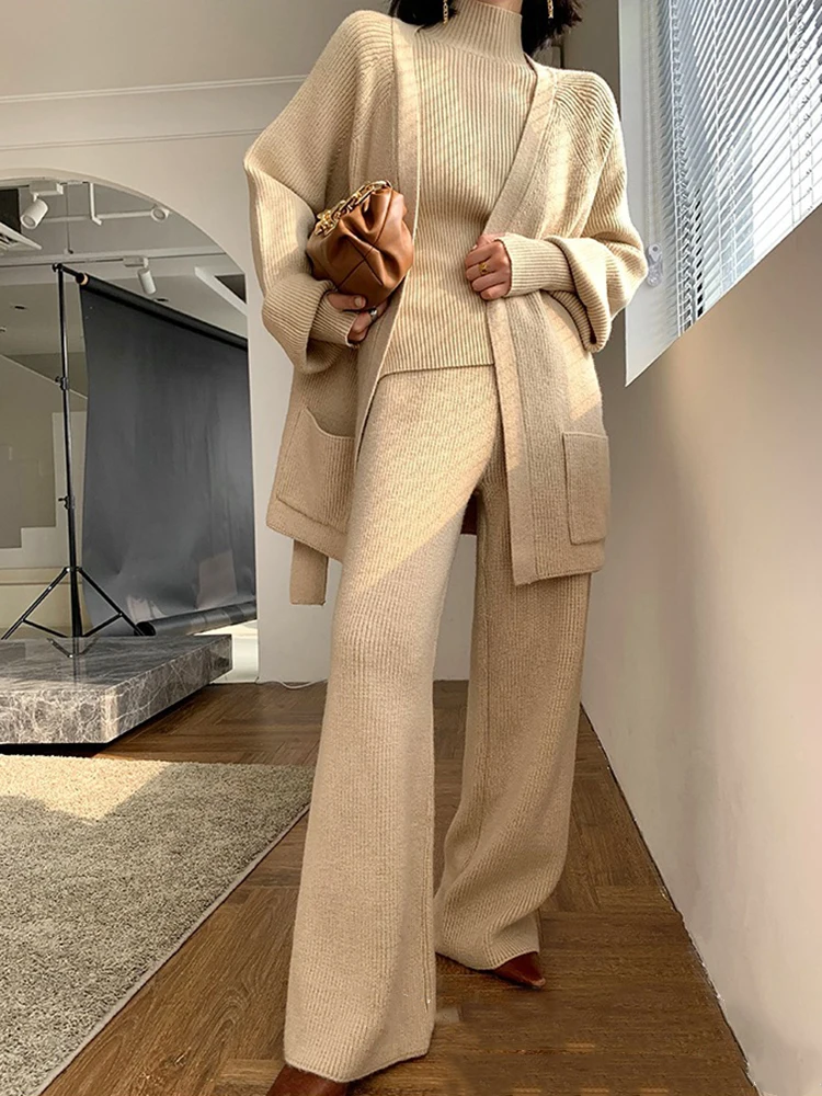 BZVW Casual Swaeter Three Piece Set Women's Turtleneck Knited Mid Length Cardigan Wide Leg Pants 2024 Autum Winter New 25A8724