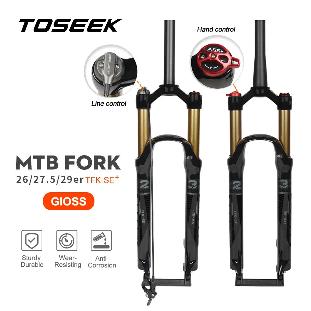 TOSEEK Golden Gloss Magnesium Alloy MTB Fork 26/27.5/ 29er Inch Mountain Bike  Line Control  Air Suspension Bicycle Fork