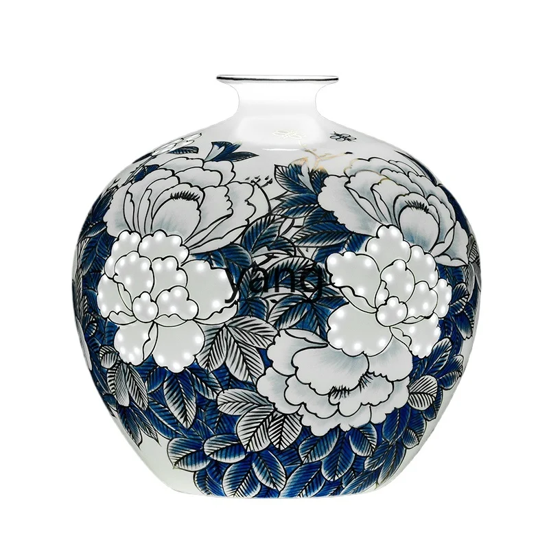 LXL Jingdezhen Ceramic Vase Master Hand Painted Blue and White Porcelain Chinese Living Room Curio Shelves Ornaments