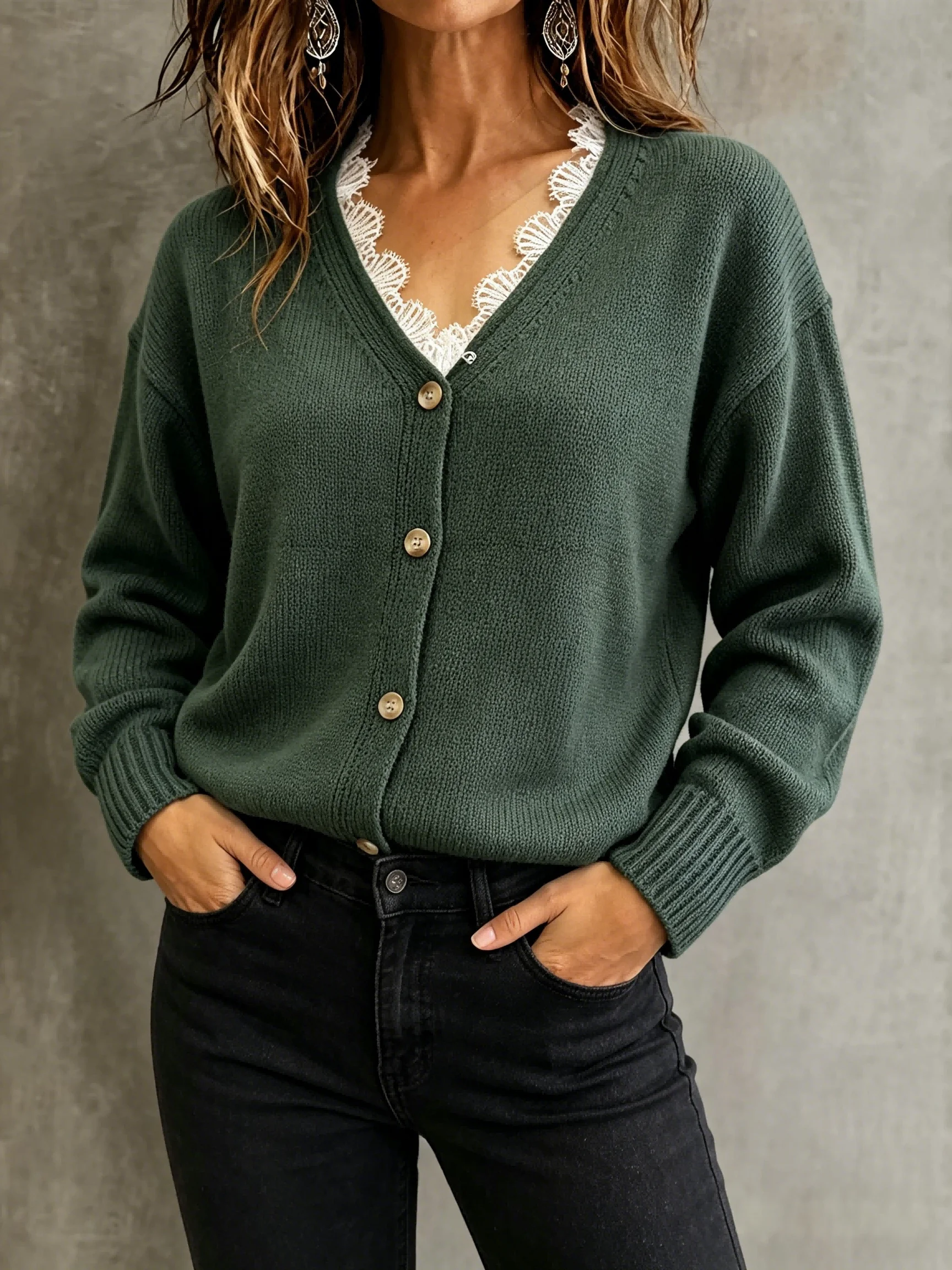 Women Lace Trim Cardigan Sweater Dark Green V Neck Button Down Long Sleeve Knit French Chic Retro Top Autumn Winter