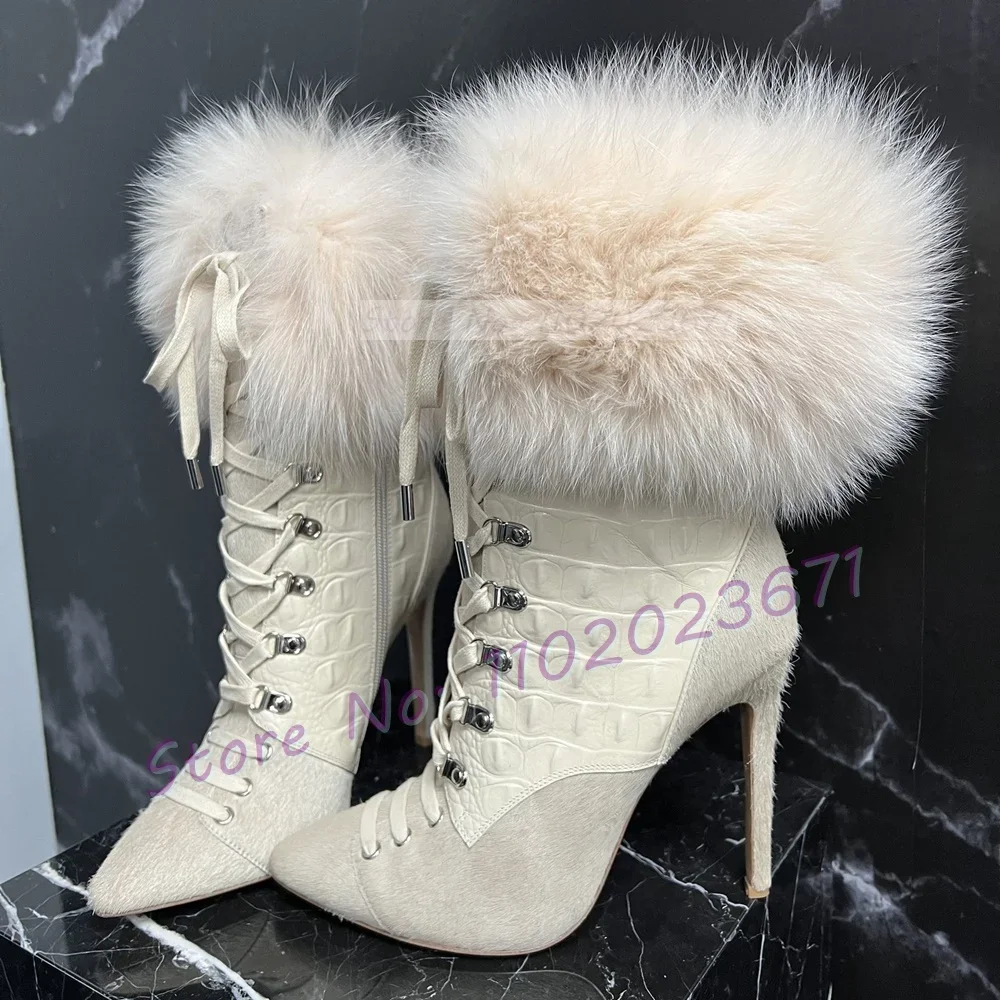 

Beige Fur Pointy Ankle Boots Women Elegant Leather Splicing Silver Winter Furry Boots Hot Girl Trendy High Heels Mid Calf Shoes